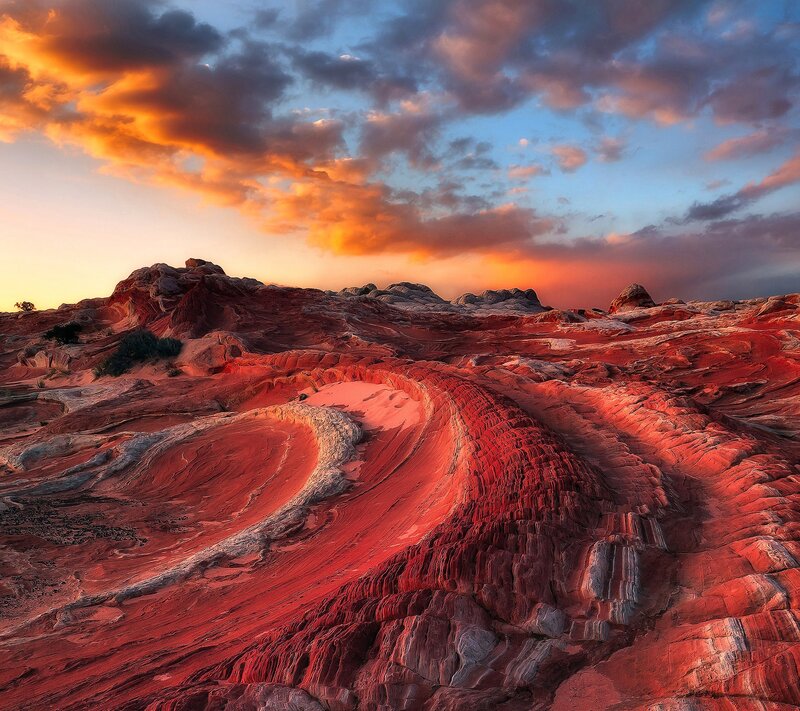 Red Rock Formations — Dramatic, Sunset, Photograph, Sky, Clouds, Sand
