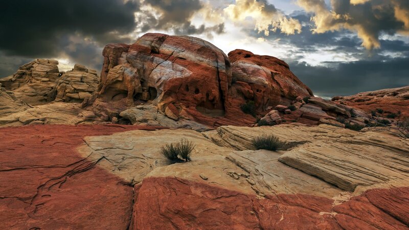 Red Rock Formations — Dramatic, Sunset, Photograph, Sky, Clouds, Shrub