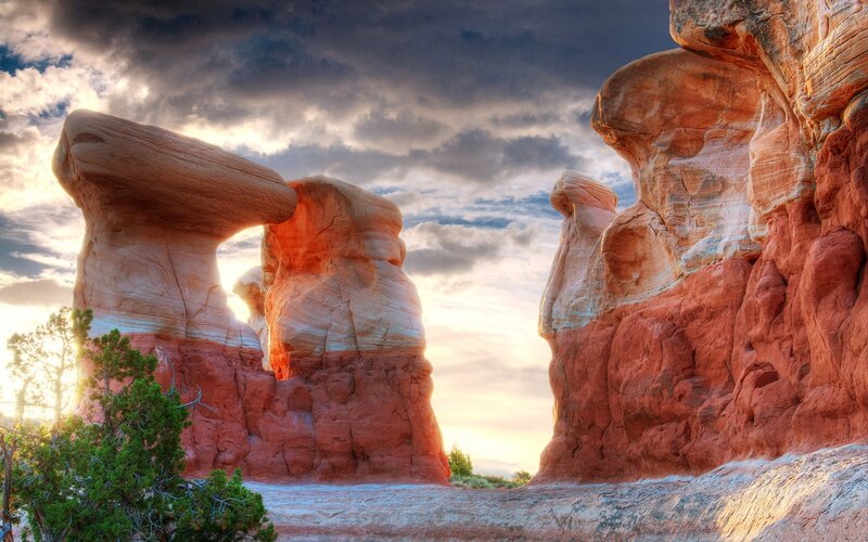 Red Rock Formations — Dramatic, Sunset, Photograph, Sky, Clouds, Trees