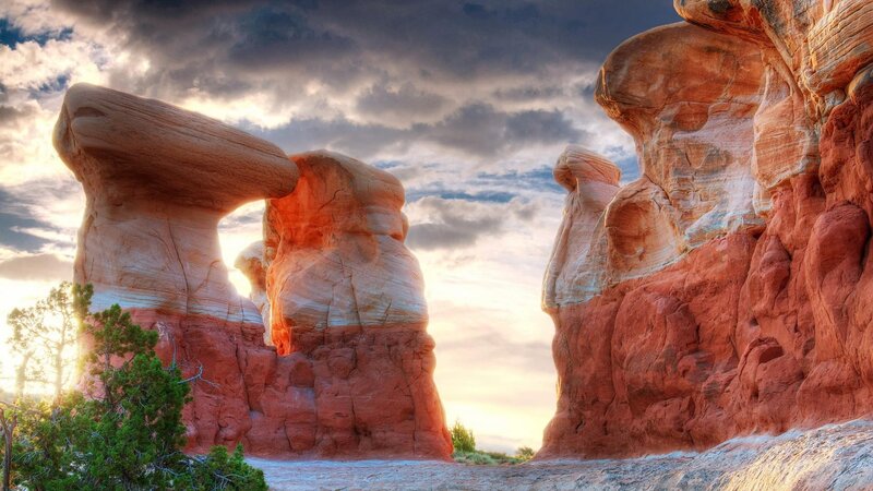Red Rock Formations — Dramatic, Sunset, Photograph, Sky, Trees
