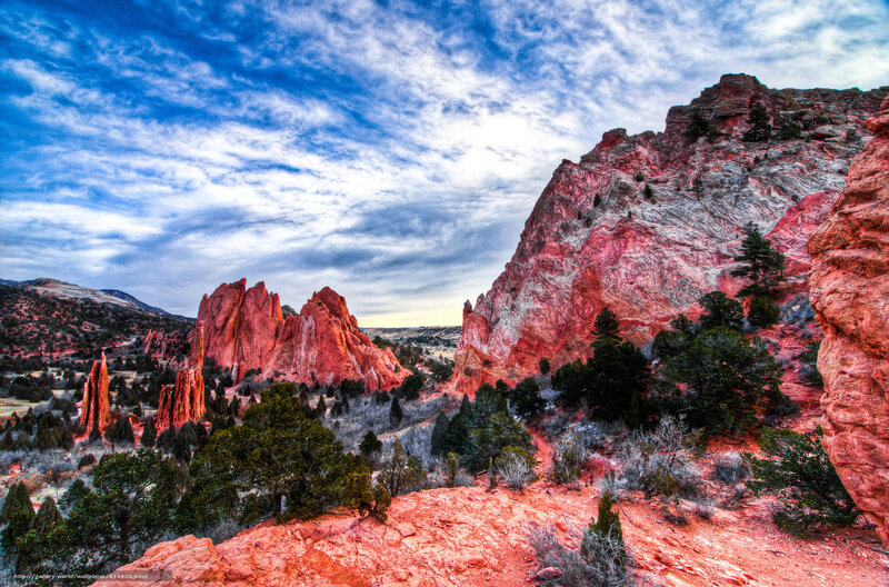 Red Rock Formations — Dramatic, Sunset, Photograph, Trees, Mountains, Sky