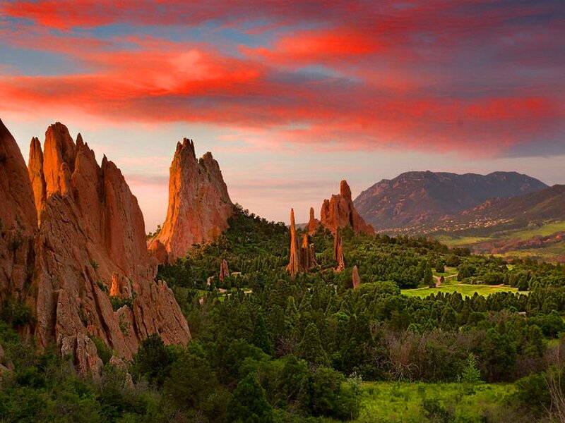 Red Rock Formations — Dramatic, Sunset, Photograph, Trees, Mountains