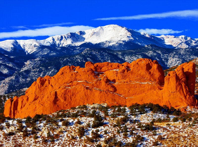 Red Rock Formations — Dramatic, Winter, Photograph, Snow-capped Mountains, Blue Sky