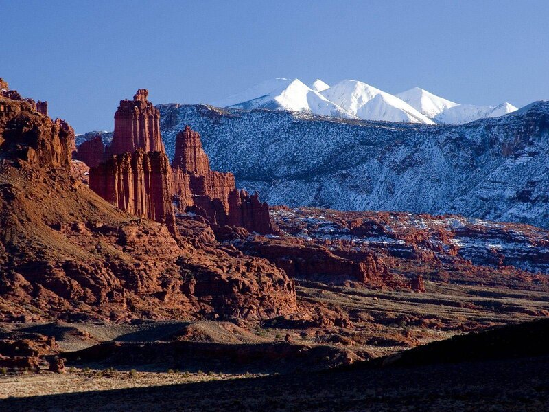 Red Rock Formations — Dramatic, Winter, Photograph, Snow-capped Mountains, Desert Landscape
