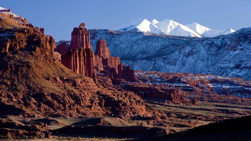 Red Rock Formations — Dramatic, Winter, Photograph, Snow-capped Mountains