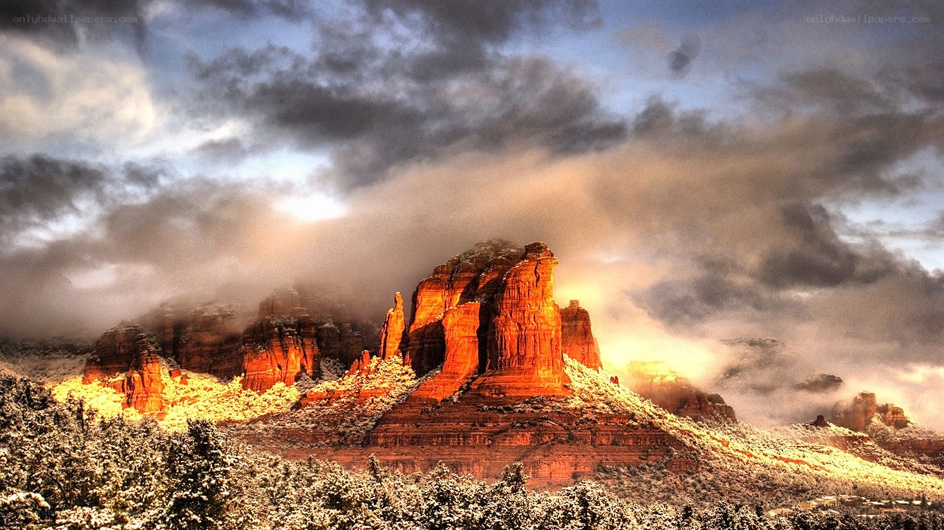 Red rock formations in snow