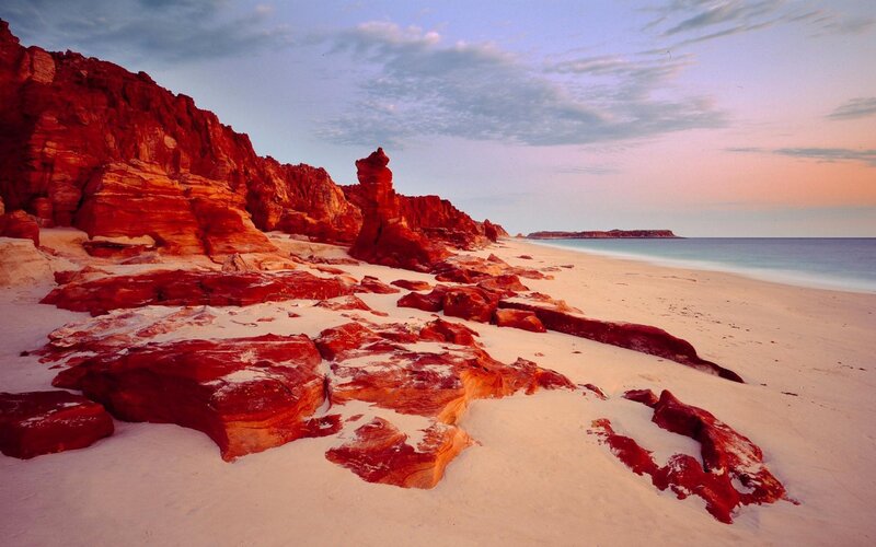 Red Rock Formations on Beach — Serene, Sunset, Photograph, Ocean