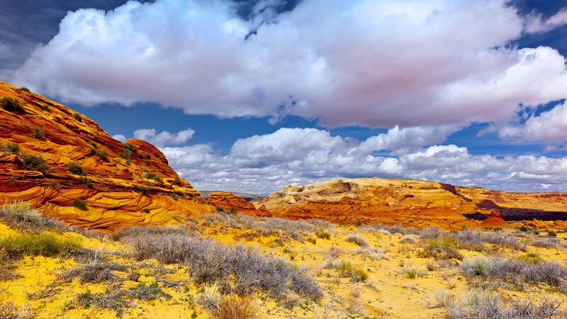 Red Rock Formations — Orange, Dramatic, Afternoon, Photograph, Desert, Clouds