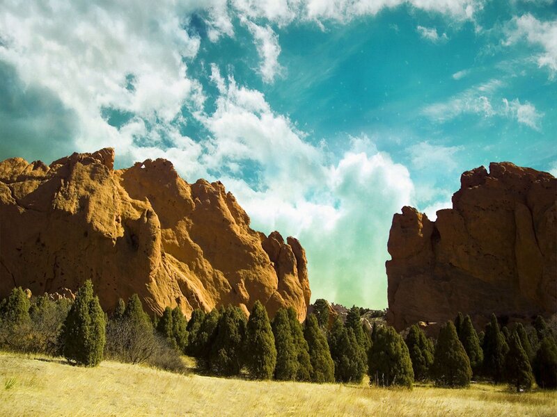 Red Rock Formations — Orange, Dramatic, Afternoon, Photograph, Trees, Clouds, Sky, Blue