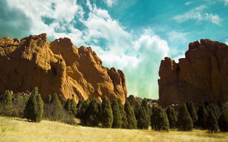 Red Rock Formations — Orange, Dramatic, Afternoon, Photograph, Trees, Clouds, Sky, Green