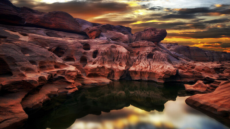 Red Rock Formations — Orange, Dramatic, Sunset, Photograph, River