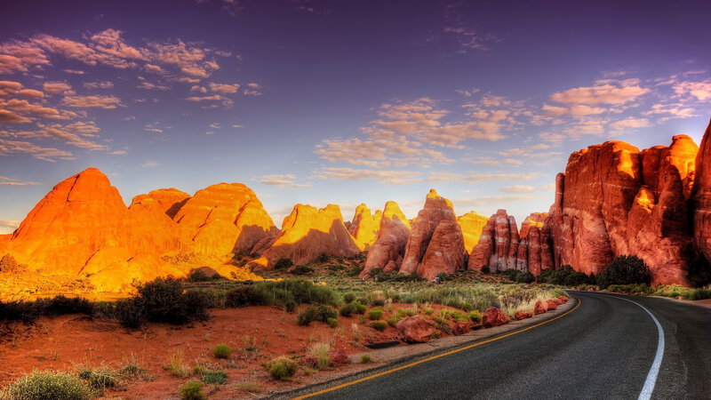 Red Rock Formations — Orange, Dramatic, Sunset, Photograph, Road, Sky