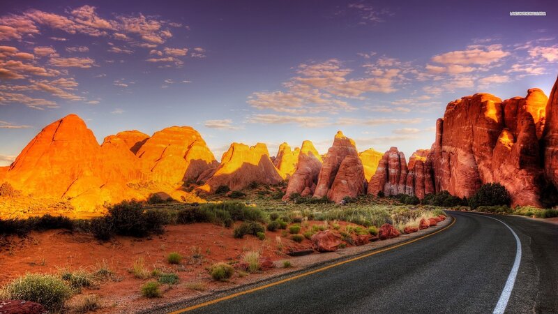 Red Rock Formations — Orange, Dramatic, Sunset, Photograph, Road