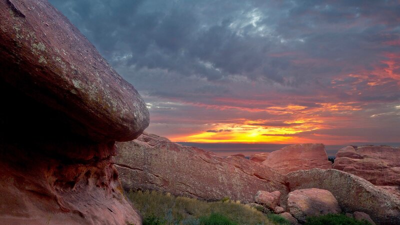 Red Rock Formations — Orange, Dramatic, Sunset, Photograph, Sky, Clouds, Grass