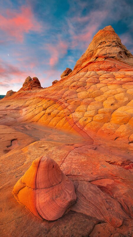 Red Rock Formations — Orange, Dramatic, Sunset, Photograph, Sky, Clouds, Moon