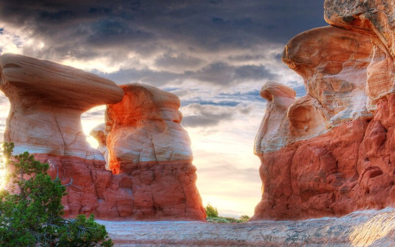 Red Rock Formations — Orange, Dramatic, Sunset, Photograph, Sky, Clouds, Tree