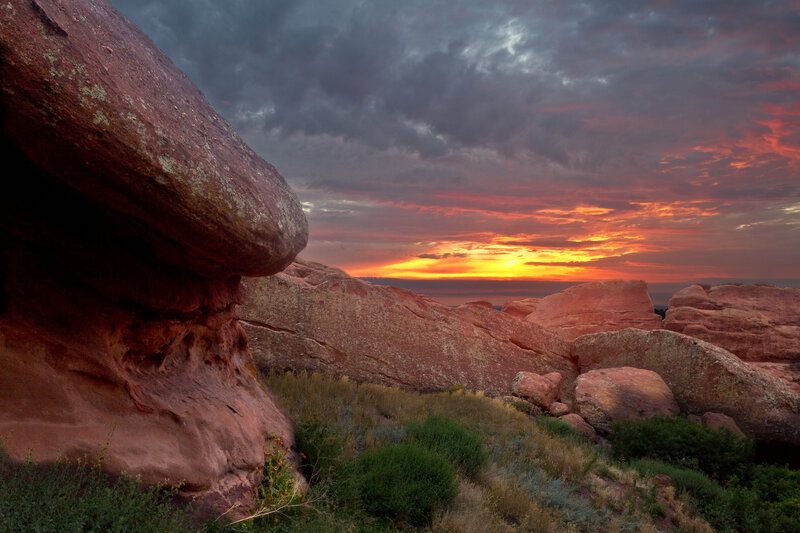 Red Rock Formations — Orange, Dramatic, Sunset, Photograph, Sky, Clouds, Vegetation