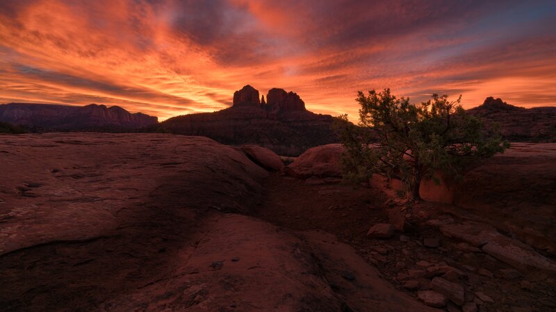 Red Rock Formations — Orange, Dramatic, Sunset, Photograph, Sky, Tree