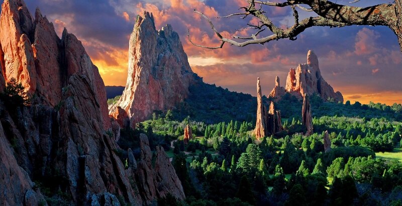 Red Rock Formations — Orange, Dramatic, Sunset, Photograph, Trees, Clouds