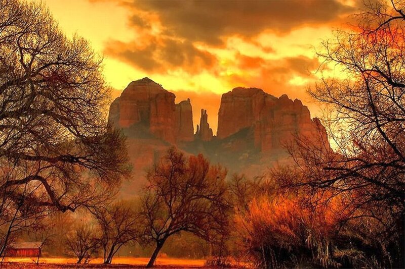 Red Rock Formations — Orange, Dramatic, Sunset, Photograph, Trees