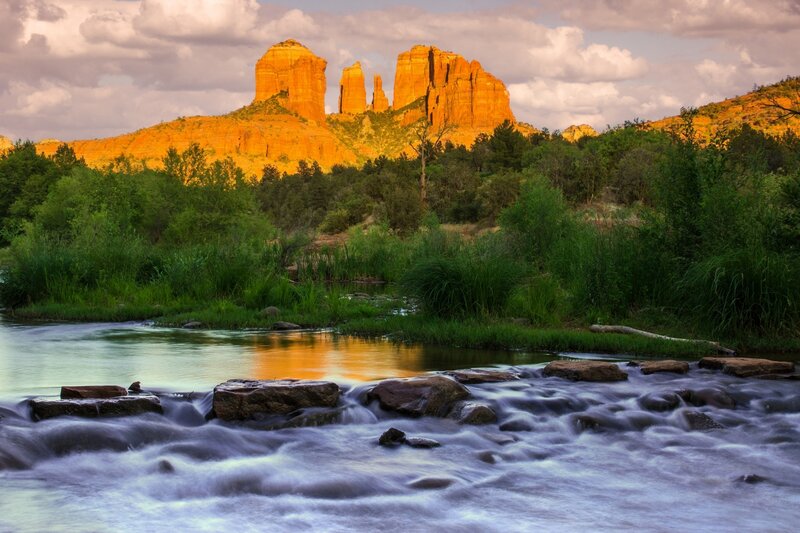 Red Rock Formations — Orange, Serene, Sunset, Photograph, River