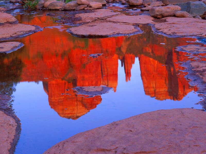 Red Rock Formations — Orange, Serene, Sunset, Photograph, Rocks, Water