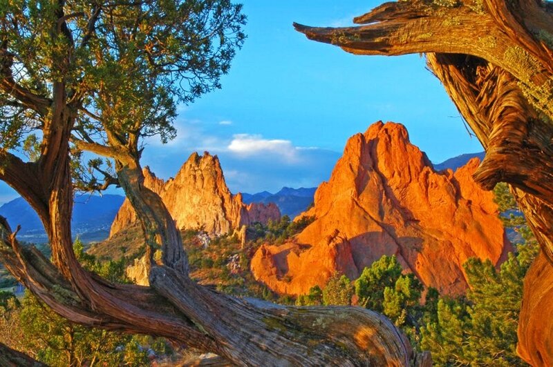 Red Rock Formations — Orange, Serene, Sunset, Photograph, Trees, Mountains
