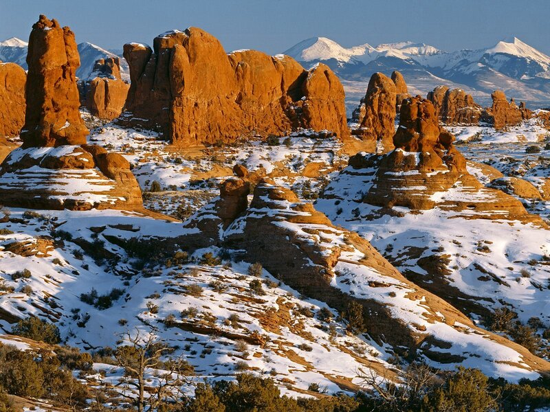 Red Rock Formations — Orange, Serene, Winter, Photograph, Snow