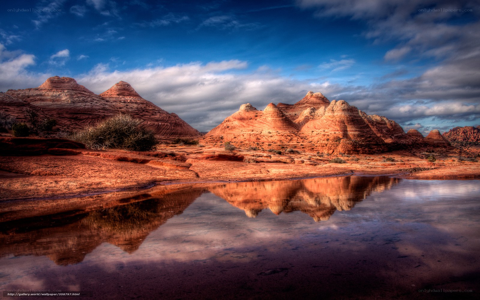 Red rock formations reflected in water
