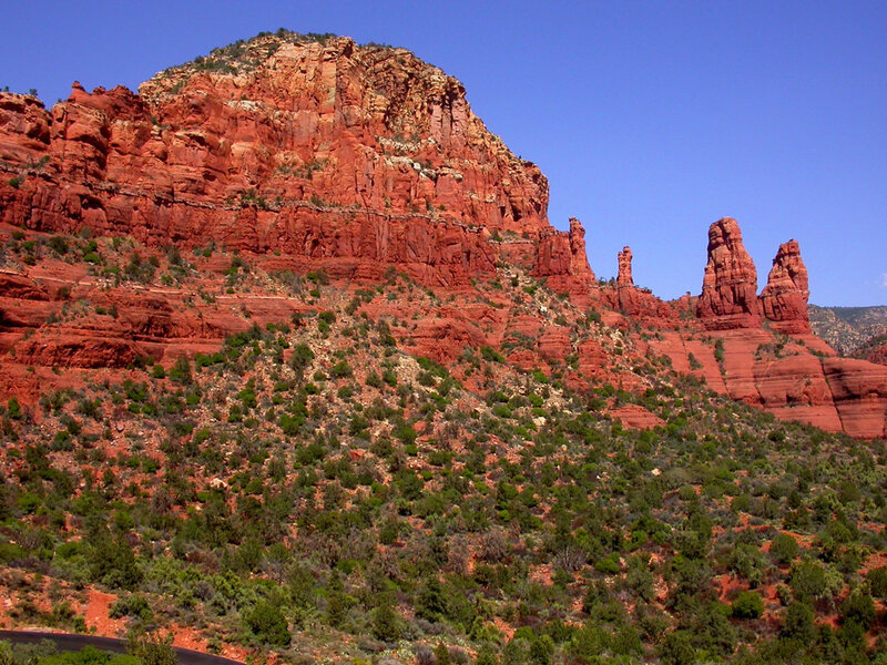 Red Rock Formations — Serene, Afternoon, Photograph, Green Shrubs, Blue Sky