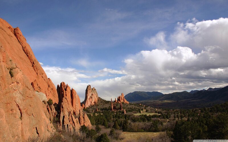 Red Rock Formations — Serene, Afternoon, Photograph, Mountains, Trees, Clouds