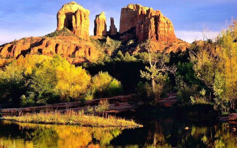 Red Rock Formations — Serene, Afternoon, Photograph, River, Trees