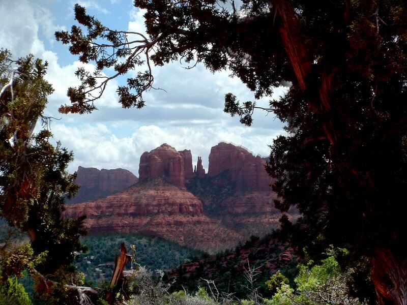 Red Rock Formations — Serene, Afternoon, Photograph, Trees, Clouds