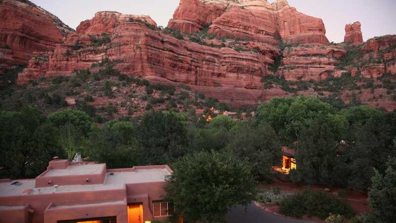 Red Rock Formations — Serene, Sunset, Photograph, Buildings, Trees