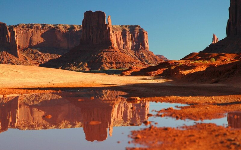 Red Rock Formations — Serene, Sunset, Photograph, Desert, Pool of Water