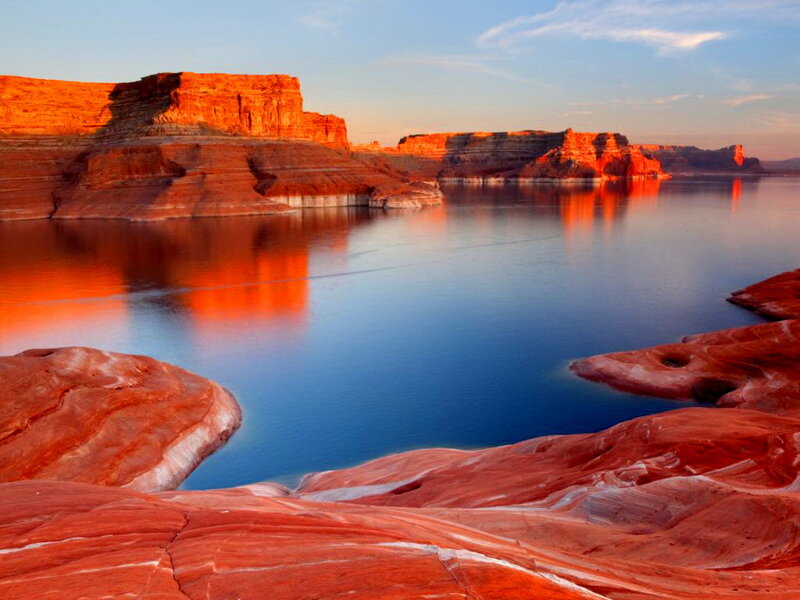 Red Rock Formations — Serene, Sunset, Photograph, Lake