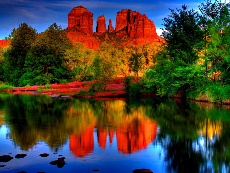 Red Rock Formations — Serene, Sunset, Photograph, River