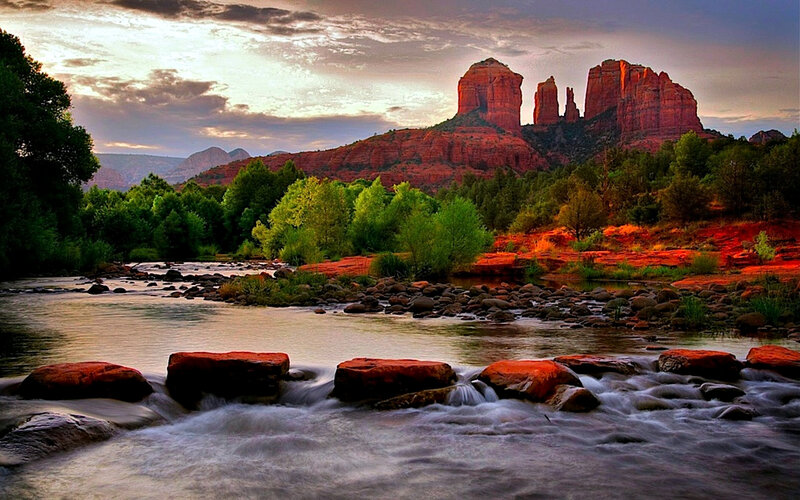 Red Rock Formations — Serene, Sunset, Photograph, River, Trees