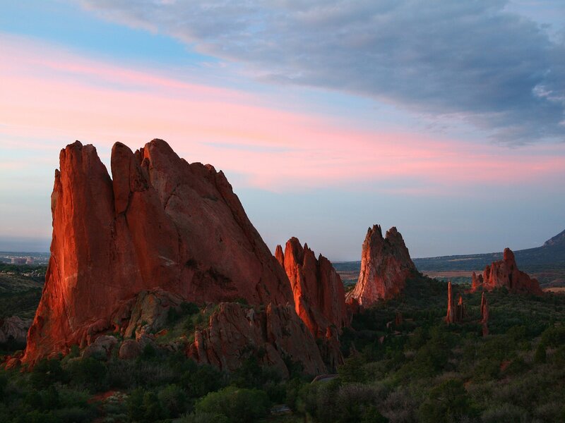 Red Rock Formations — Serene, Sunset, Photograph, Sky, Trees