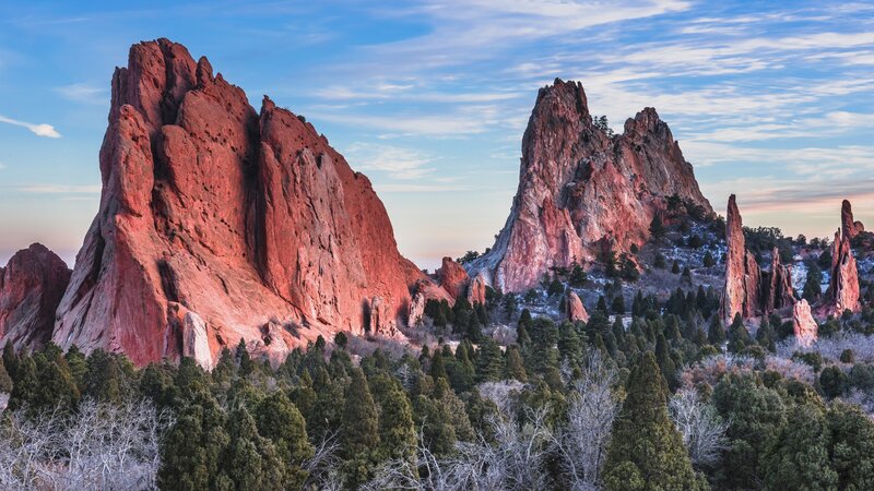Red Rock Formations — Serene, Winter, Photograph, Trees