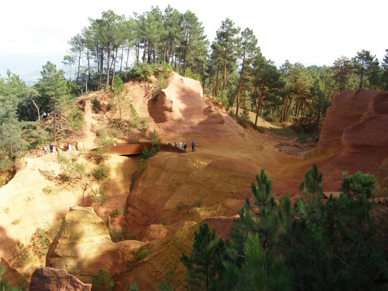 Red rock formations with pine trees