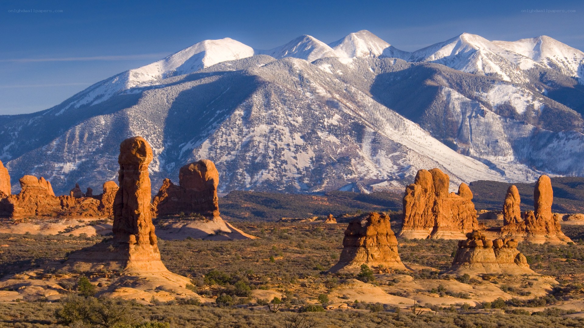 Red rock formations with snow-capped mountains