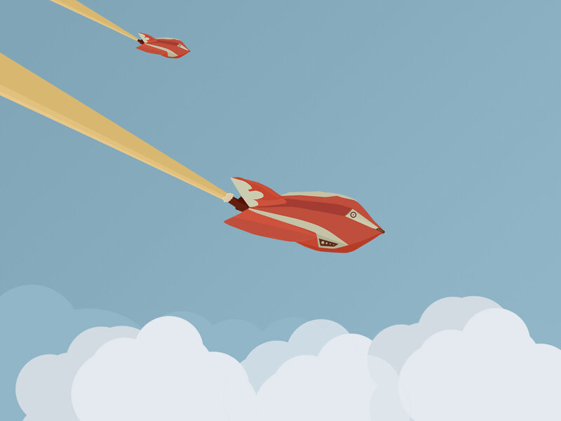 Red rockets flying through clouds