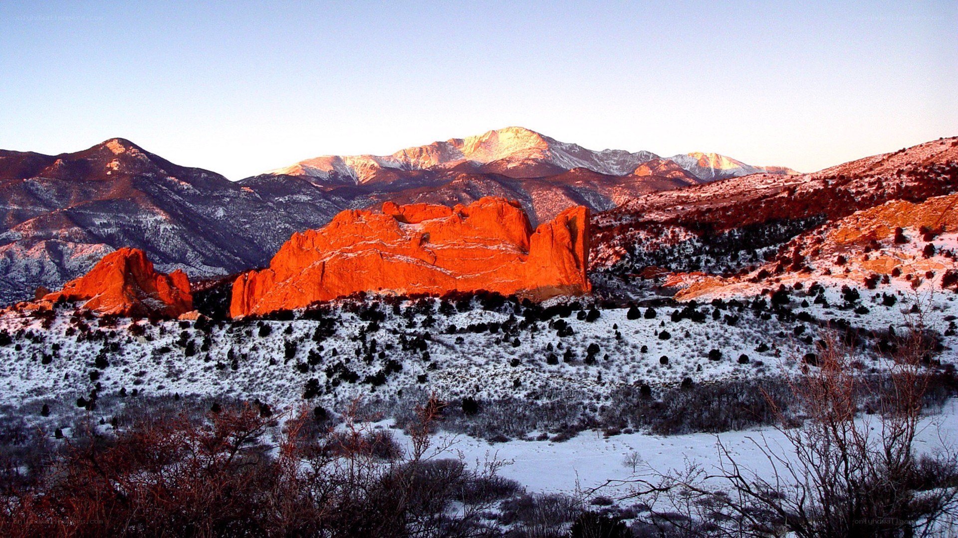Red rocks at sunset in winter