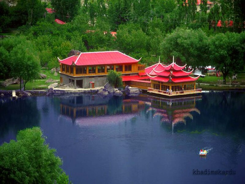 Red-roofed Pavilions on Lake
