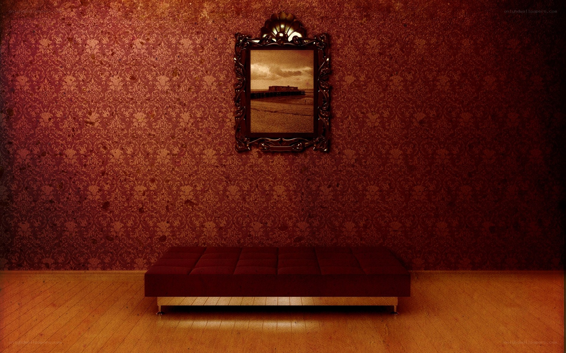 Red room with mirror and bench