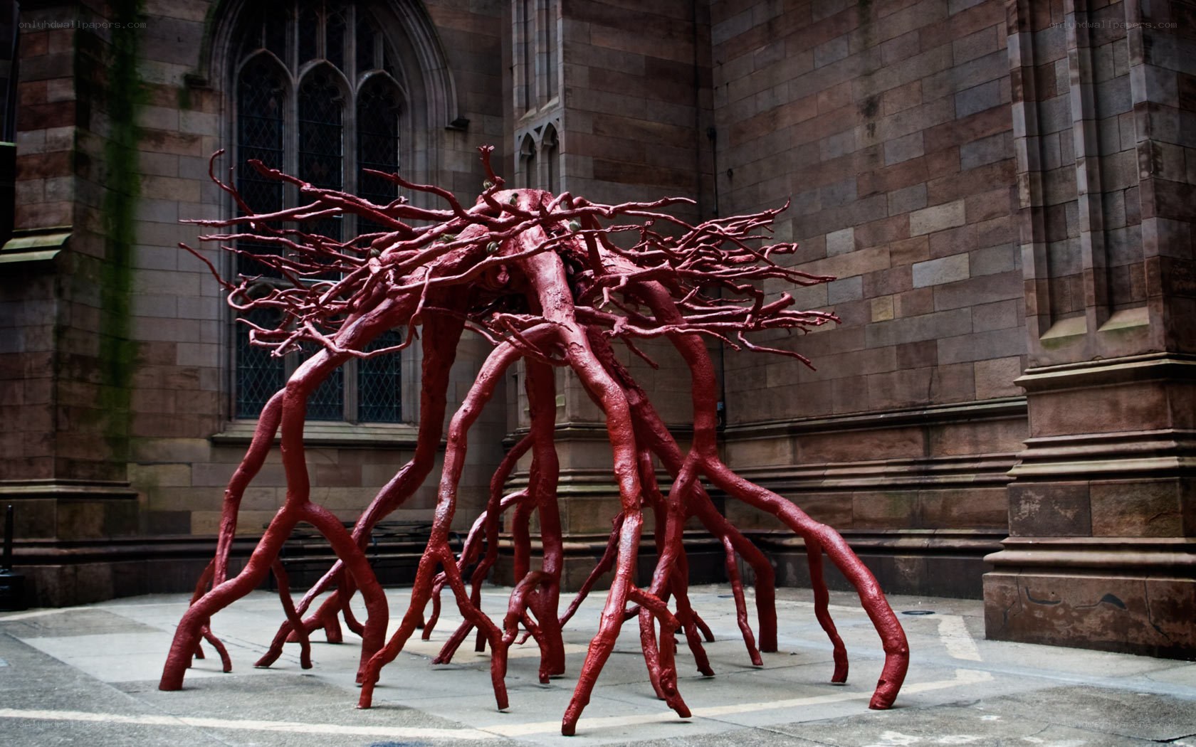 Red root sculpture in courtyard