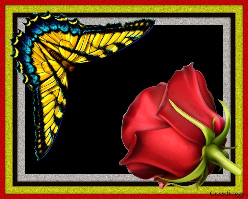 Red Rose and Butterfly — Dramatic, Digital Art, Frame