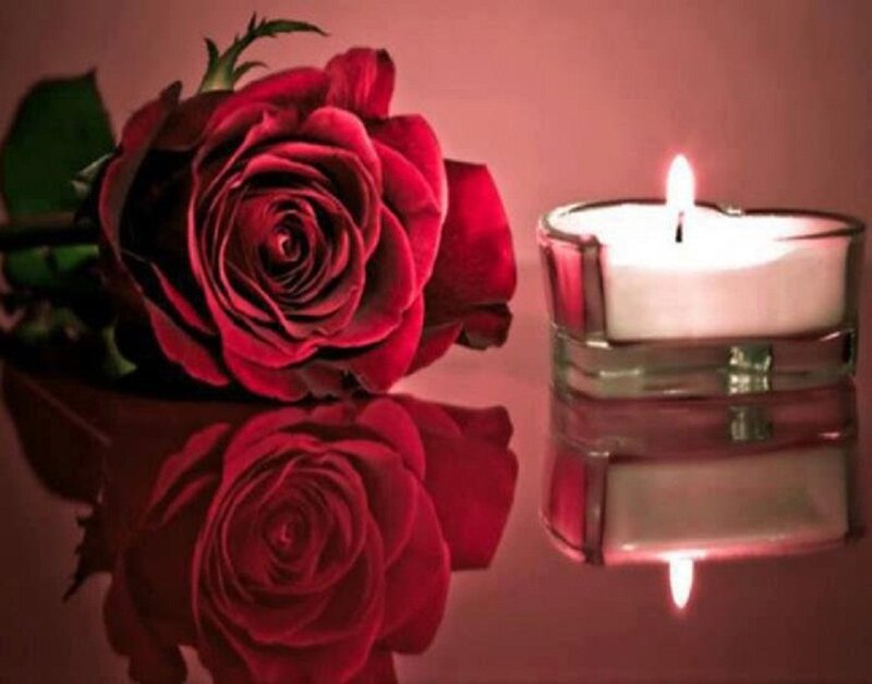 Red Rose and Candle — Romantic, Night, Photograph, Reflection