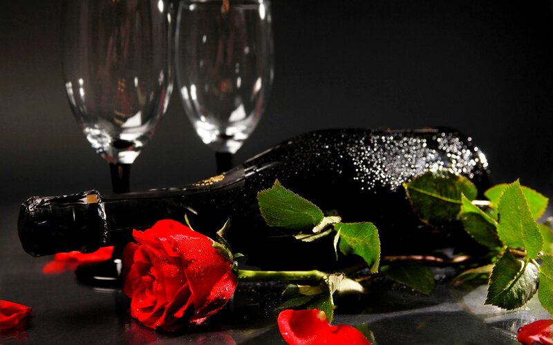 Red Rose and Champagne Bottle — Black